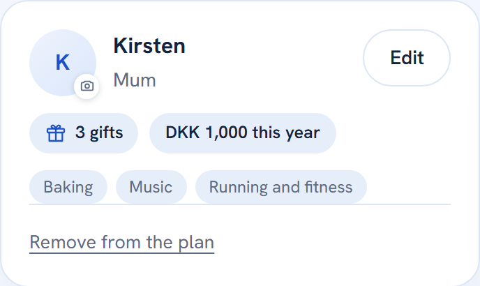 Screenshot from the app: the profile for Kirsten, mother, with three gifts for 1,000 kroner this year and the interests baking, music, and running and fitness