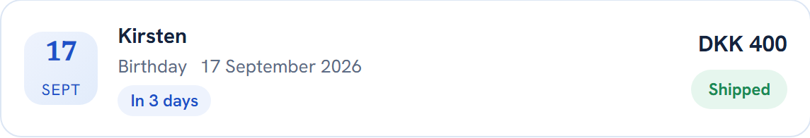 Screenshot from the app: Kirsten's birthday, 400 kroner, the gift has shipped