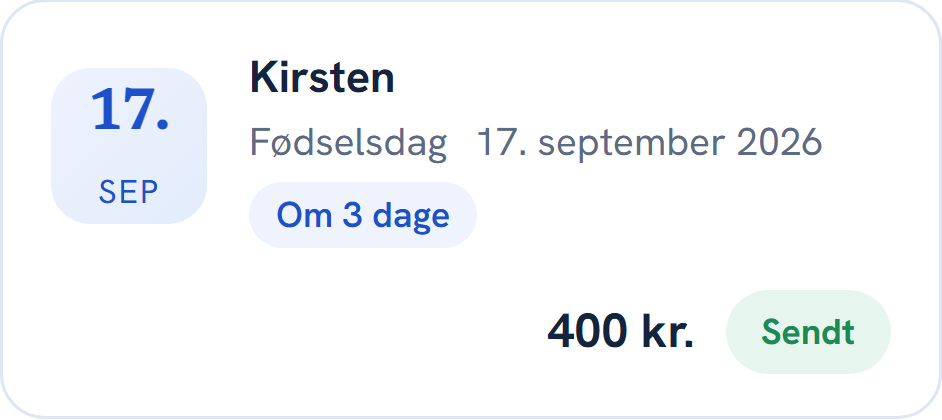 Skærmbillede fra appen: Kirstens fødselsdag, 400 kr., gaven er sendt